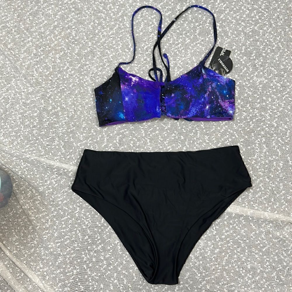 HOT TOPIC Galaxy Purple Lattice Reversible Swim Swimsuit Bikini Large NWT
